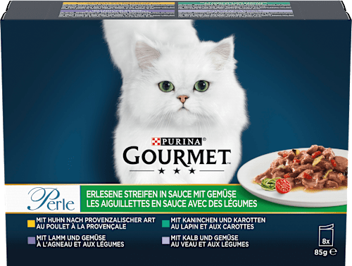 Nassfutter Katze Perle Erlesene Streifen in Soße mit Gemüse Purina Gourmet