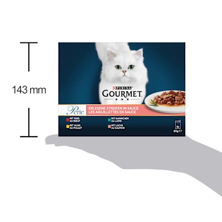 Nassfutter Katze mit Rind, Huhn, Kaninchen & Lachs, Perle - erlesene Streifen, Multipack (8x85 g) Purina Gourmet