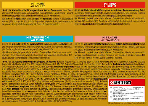 Nassfutter Katze mit Huhn, Rind, Thunfisch & Lachs, Gold - raffiniertes Ragout, Multipack (4x85 g) Purina Gourmet