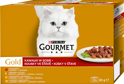 Gold konzervy pro kočky hovězí, krůta a kachna, losos a kuře, kuře a játra ve šťávě 12x85g PURINA GOURMET