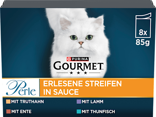Nassfutter Katze, Truthahn, Ente, Lamm, Thunfisch, Perle - erlesene Streifen in Sauce, Multipack (8x85  g) Purina Gourmet