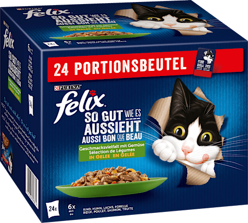 Nassfutter Katze, gemischte Vielfalt mit Gemüse in Gelee, Multipack (24x85g) Felix