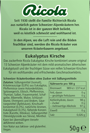 Bonbon, Eukalyptus Kirsche, zuckerfrei, in der Taschenbox  Ricola