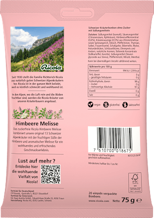 Bonbon, Himbeere Melisse, zuckerfrei Ricola