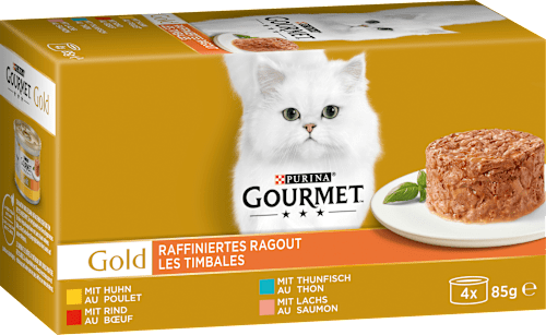Nassfutter Katze mit Huhn, Rind, Thunfisch & Lachs, Gold - raffiniertes Ragout, Multipack (4x85 g) Purina Gourmet