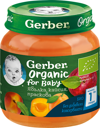 Био пюре ябълка, кайсия и праскова, 6+м Gerber Organic