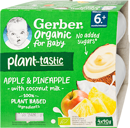 Bio kókusztej alapú alma-ananász poharas bébidesszert 6 hónapos kortól Gerber Organic