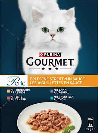 Nassfutter Katze, Truthahn, Ente, Lamm, Thunfisch, Perle - erlesene Streifen in Sauce, Multipack (8x85  g) Purina Gourmet