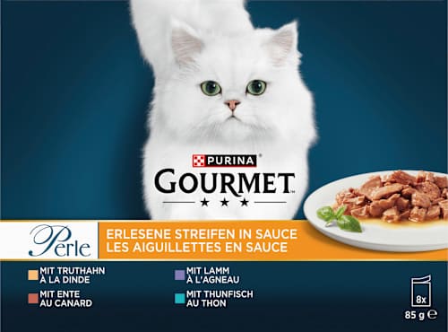 Nassfutter Katze, Truthahn, Ente, Lamm, Thunfisch, Perle - erlesene Streifen in Sauce, Multipack (8x85  g) Purina Gourmet