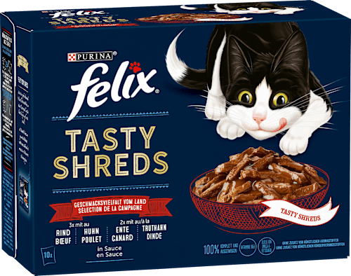 Nassfutter Katze Tasty Shreds Geschmacksvielfalt vom Land Felix