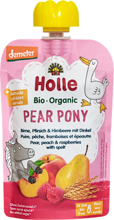 Quetschie Pear Pony Birne, Pfirsich & Himbeere mit Dinkel ab dem 8. Monat Holle