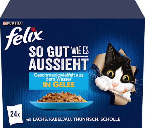 Nassfutter Katze, Geschmacksvielfalt aus dem Wasser in Gelee, Multipack (24x85g) Felix