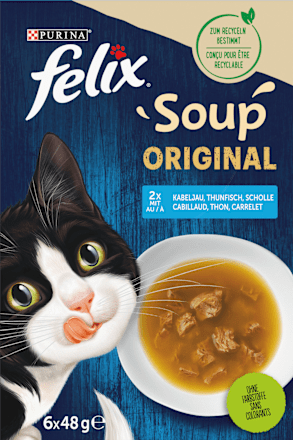 Nassfutter Katze mit Kabeljau, Thunfisch, Scholle, Soup Original, Multipack (6x48g) Felix