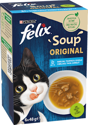 Nassfutter Katze mit Kabeljau, Thunfisch, Scholle, Soup Original, Multipack (6x48g) Felix