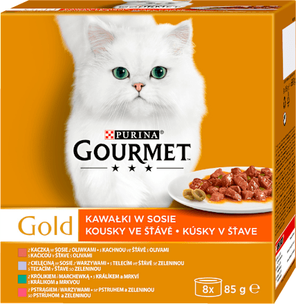 Gold konzervy pro kočky kachna, pstruh, králík, telecí ve šťávě 8x85g PURINA GOURMET