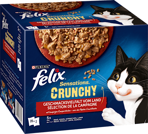 Nassfutter Katzen, Crunchy Geschmacksvielfalt vom Land, Multipack (20x85g + 2x40g) Felix