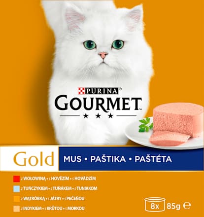Gold konzervy pro kočky tuňák, játra, krůta, hovězí paštika 8x85g PURINA GOURMET