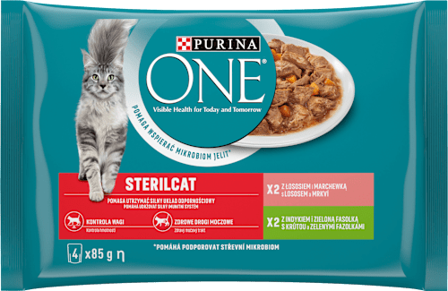 Sterilcat kapsičky pro kočky s krůtou, zelenými fazolkami, s lososem a mrkví ve šťávě 4x85g, Multipack PURINA ONE