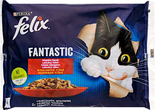 Teljes értékű állateledel aszpikban, felnőtt macskáknak, csirkével-marhával, 4x85 g Felix