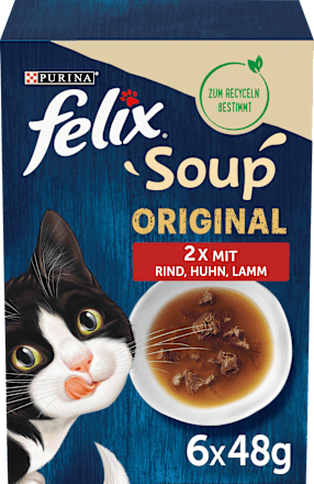 Nassfutter Katze mit Rind, Huhn & Lamm, Soup Original Multipack (6x48 g) Felix