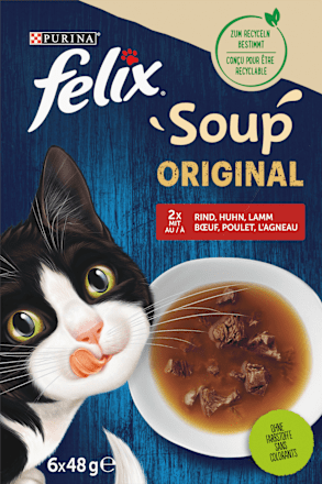 Nassfutter Katze mit Rind, Huhn & Lamm, Soup Original Multipack (6x48 g) Felix