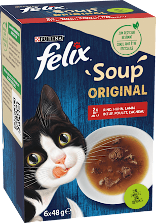 Nassfutter Katze mit Rind, Huhn & Lamm, Soup Original Multipack (6x48 g) Felix