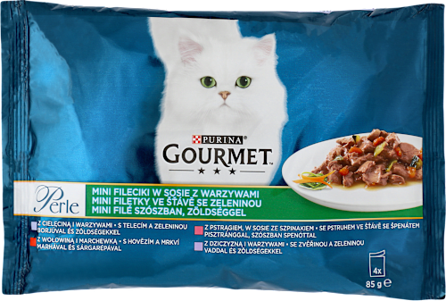 Karma mokra dla kotów dorosłych, cielęcina, wołowina, dziczyzna, pstrąg (4x85g) Purina Gourmet