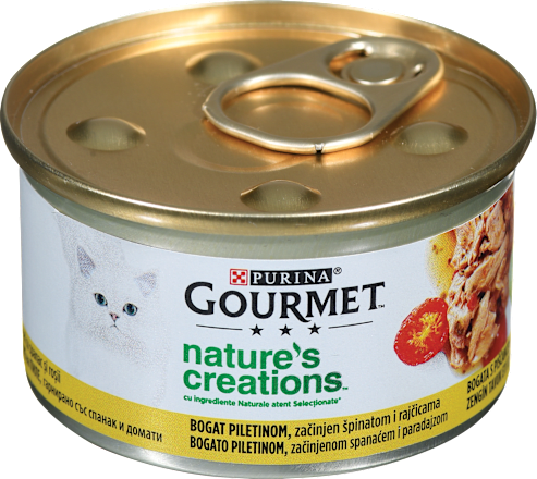 Hrană umedă pentru pisici cu rosii şi spanac Purina Gourmet