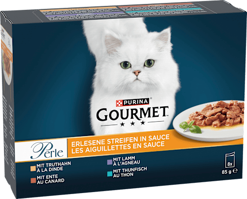 Nassfutter Katze, Truthahn, Ente, Lamm, Thunfisch, Perle - erlesene Streifen in Sauce, Multipack (8x85  g) Purina Gourmet