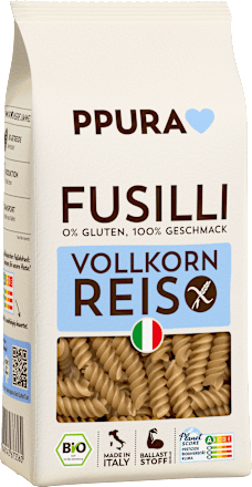 Nudeln, Fusilli aus Vollkornreis, glutenfrei PPURA