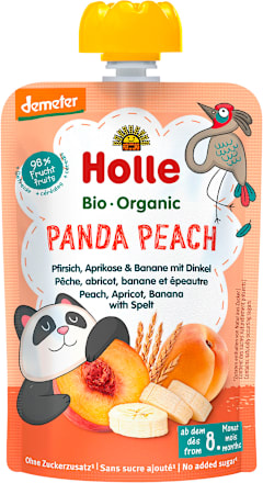 Био пюре Panda Peach с праскова, кайсия, банан и спелта, 8м+ Holle