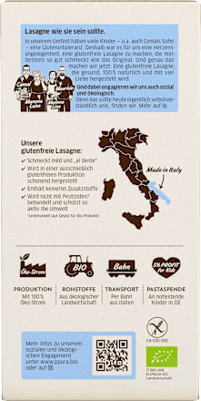 Nudeln, Lasagne aus Mais/Reis, glutenfrei PPURA