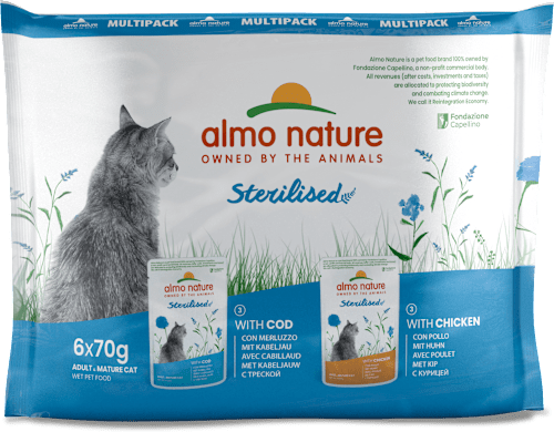 Cibo per gatti adulti Holistic Sterilised con merluzzo e pollo almo nature