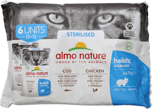 Cibo per gatti adulti Holistic Sterilised con merluzzo e pollo almo nature