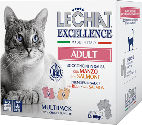 Multi pakiranje mokre hrane za odrasle mačke Govedina + Losos, 12x100 g LECHAT EXCELLENCE