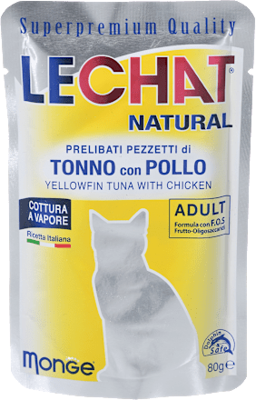 Dopolnilna mokra hrana za odrasle mačke tuna in piščanec LECHAT NATURAL