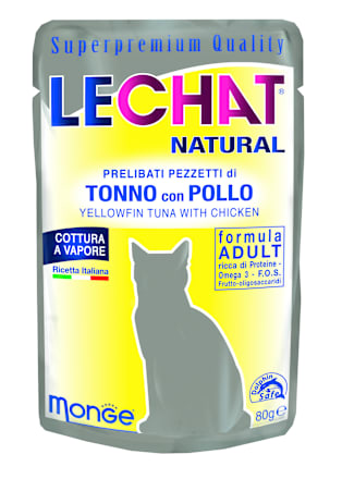 Dopolnilna mokra hrana za odrasle mačke tuna in piščanec LECHAT NATURAL