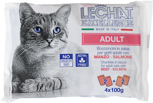 Multi pakiranje mokre hrane za odrasle mačke Govedina + Losos, 4x100 g LECHAT EXCELLENCE
