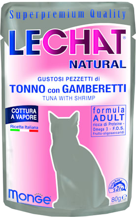Dopolnilna mokra hrana za odrasle mačke tuna in kozice LECHAT NATURAL