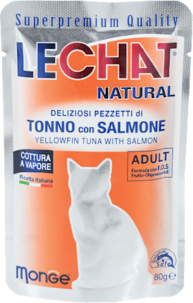 Dopolnilna mokra hrana za odrasle mačke - tuna in losos LECHAT NATURAL