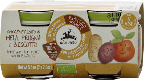 Omogeneizzato di mela, prugna e biscotto biologico alce nero