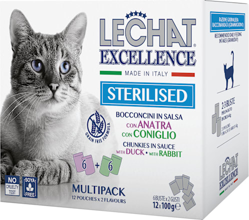 Multi pakiranje mokre hrane za sterilizirane mačke Raca + Zajec, 12 x 100 g LECHAT EXCELLENCE