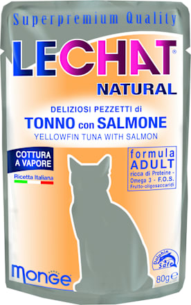 Dopolnilna mokra hrana za odrasle mačke - tuna in losos LECHAT NATURAL