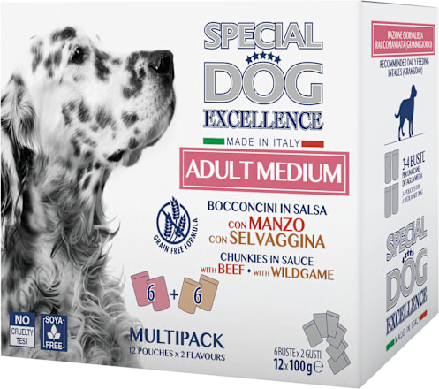 Multi pakiranje mokre hrane za odrasle pse srednjih pasem Divjačina + Govedina, 12x100 g SPECIAL DOG EXCELLENCE