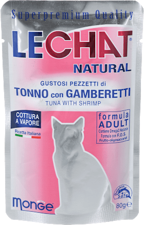 Dopolnilna mokra hrana za odrasle mačke tuna in kozice LECHAT NATURAL