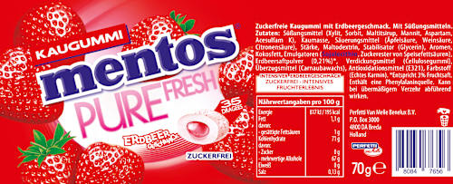 Kaugummi, Pure Fresh Erdbeer Geschmack, zuckerfrei (35 Stück) mentos