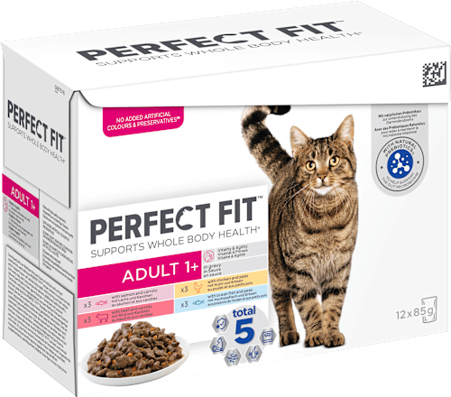 Nassfutter Katze mit Fisch, Huhn & Rind, Vitalität & Fitness, Multipack (12x85 g) PERFECT FIT