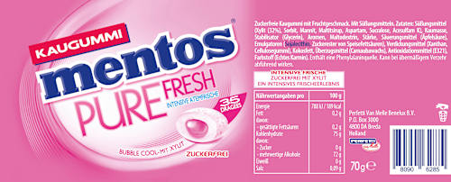 Kaugummi, Pure Fresh Bubble Cool mit Xylit, zuckerfrei (35 Stück) mentos