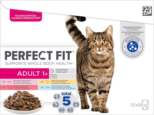 Nassfutter Katze mit Fisch, Huhn & Rind, Vitalität & Fitness, Multipack (12x85 g) PERFECT FIT