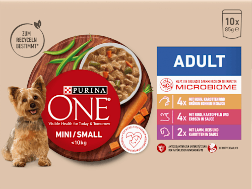 Nassfutter Hund mit Huhn, Rind, Truthahn & Lamm, Mini für kleine Rassen, Multipack (10x85 g) PURINA ONE